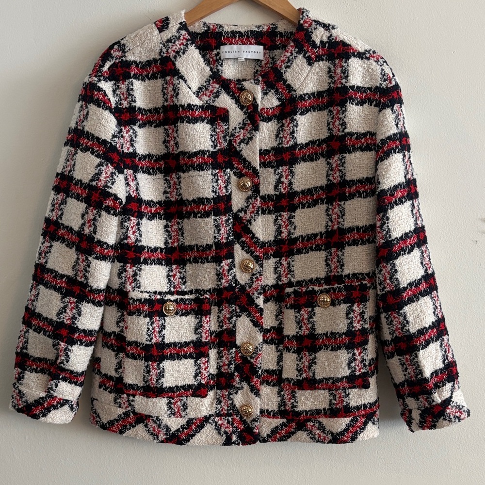 English Factory Plaid Relaxed Tweed Blazer Jacket Women’s Size XS